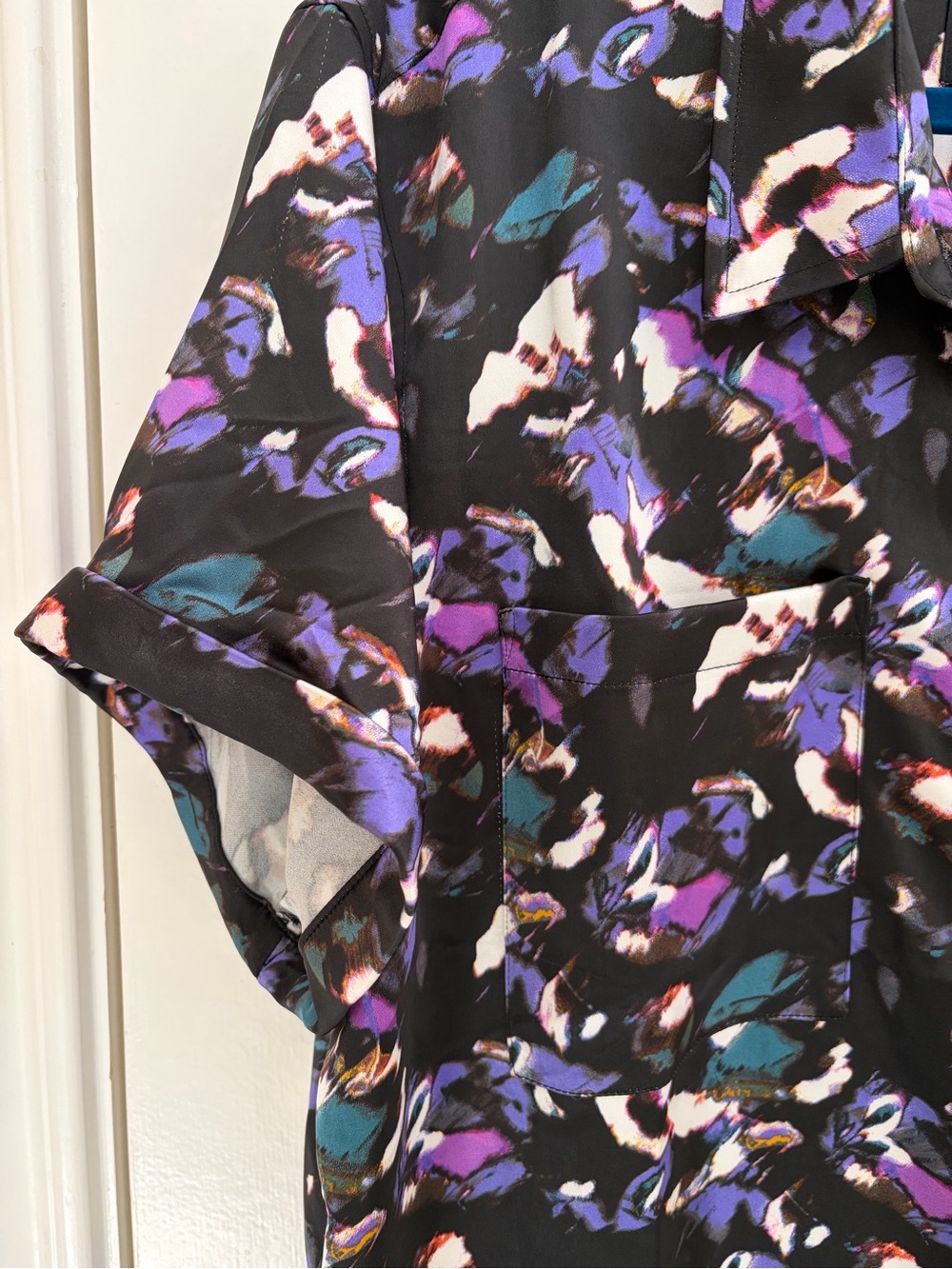 Wildfang Empower Satin Short-Sleeve Button-Front Shirt with Purple Teal Print - Picture 3 of 9